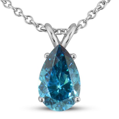Blue Pear Shape Diamond Solitaire Pendant Necklace 14K White Gold 1 Carat