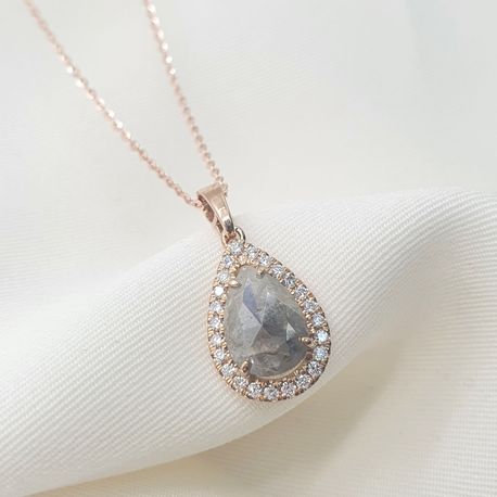 Rose Cut Pear Shape Diamond Halo Pendant 14K Rose Gold Fancy Gray 1.54 TCW