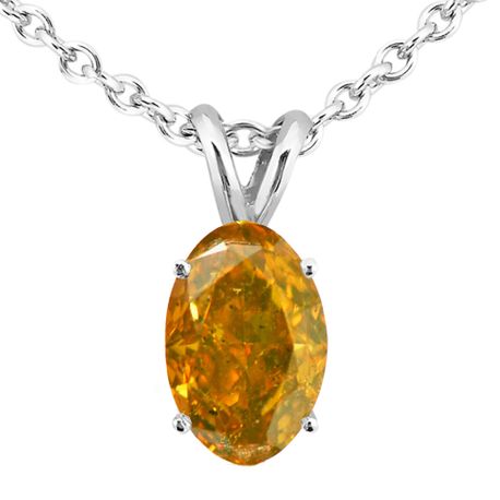 Fancy Orange Diamond Solitaire Pendant Oval 14K White Gold 1 Ct