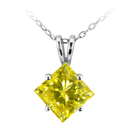 Princess Diamond Solitaire Pendant Yellow Color 14K White Gold VS2 1.20 Carat