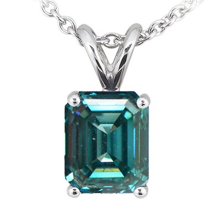 Diamond Solitaire Pendant Emerald Shape Blue Color Treated 14K VS2 1.01 Carat
