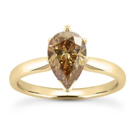 Brown Pear Shape Genuine Diamond Solitaire Ring 14K Yellow Gold SI1 2 Carat