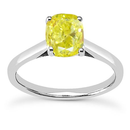 Cushion Shape Diamond Solitaire Ring Fancy Yellow Treated 14K White Gold 1 Carat
