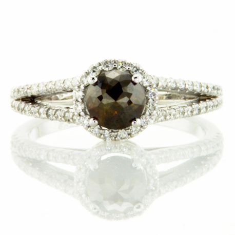 Split Shank Halo Engagement Ring Fancy Brown Rose Cut Round 14K White Gold 1.42 TCW