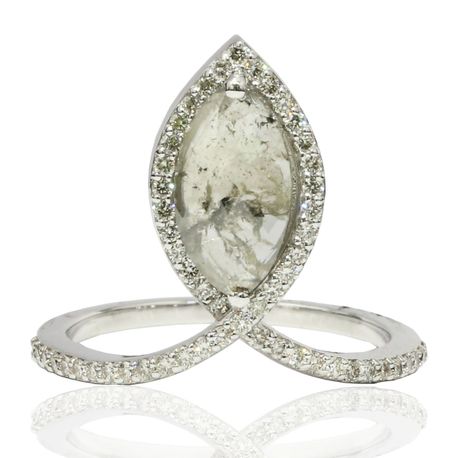 Rose Cut Marquise Diamond Halo Engagement Ring Real Fancy Gray 14K White Gold 1.13 TCW