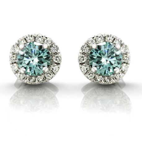 Diamond Halo Earrings Blue Round VS2 14K White Gold 0.93 TCW