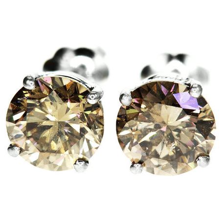 Diamond Stud Earrings Champagne Round 2.04 TCW VS2/SI1