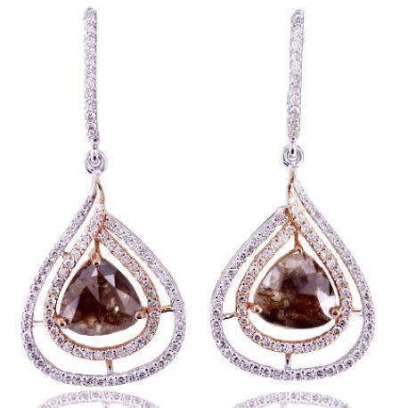 Diamond Drop Earrings Double Halo Rose Cut 3.98 TCW Brown Trillion Cut 14K Gold 