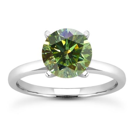 Green Diamond Solitaire Ring Round 14K White Gold VS2 2.01 Carat