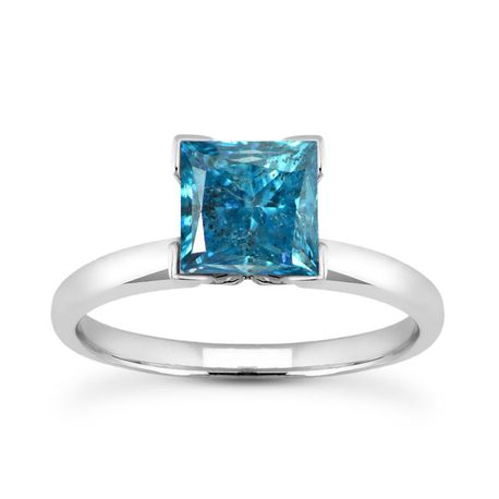 Blue Princess Diamond Solitaire Ring 14K White Gold SI3 2 Carat 