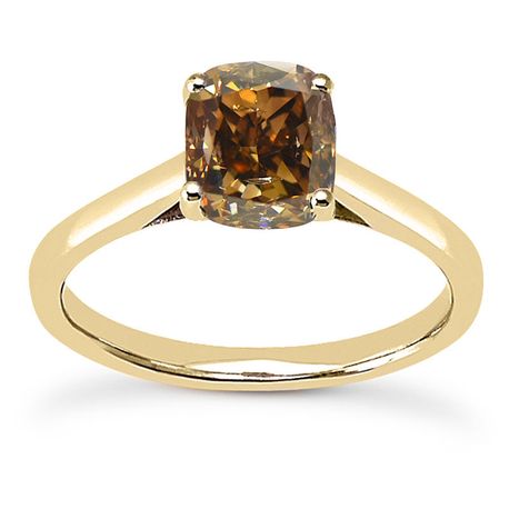 Brown Cushion Diamond Solitaire Ring 14K Yellow Gold SI2 2 Carat