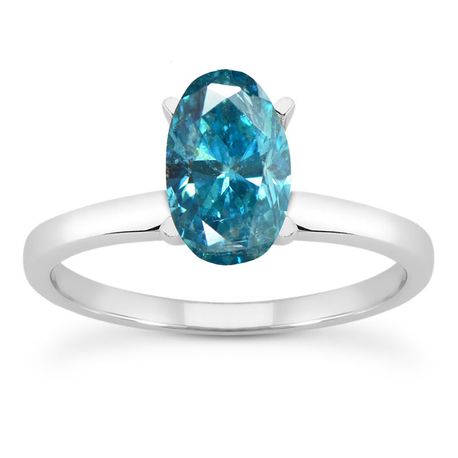 Blue Oval Shape Diamond Solitaire Ring Treated 14K White Gold SI2 1.43 Carat