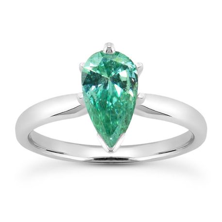 Green Diamond Engagement Ring Pear Shape Treated 14K White Gold SI1 1.24 Carat
