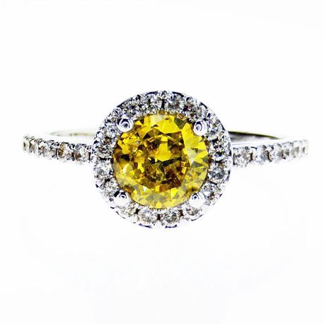 Halo Diamond Engagement Ring Round Treated Fancy Yellow 1.41 TCW 14K White Gold