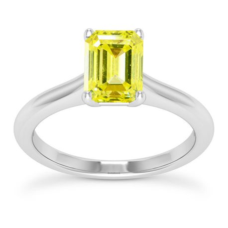 Yellow Emerald Diamond Solitaire Ring 14K White Gold 1 Carat