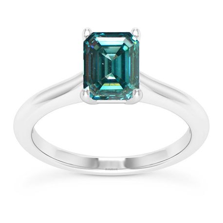 Blue Emerald Diamond Solitaire Ring 14K White Gold VS2 1 Carat