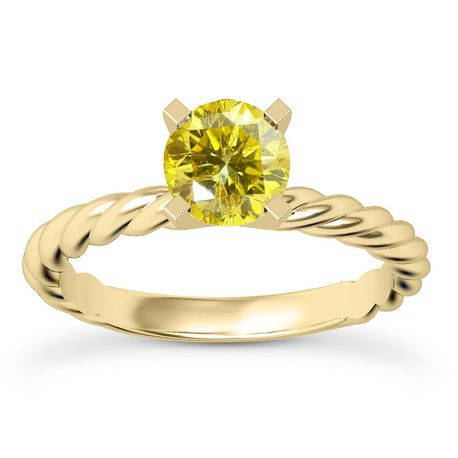 Diamond Solitaire Ring Round Fancy Yellow Color Treated 14K Gold SI1 1 Carat