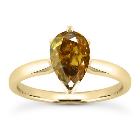 Brown Pear Shape Diamond Solitaire Ring 14K Yellow Gold VS2 1.08 Carat 