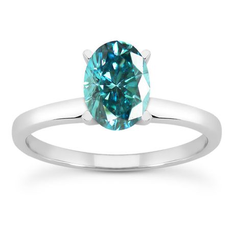 Oval Shape Diamond Solitaire Ring Blue Color Treated 14K White Gold VS2 1.00 ct