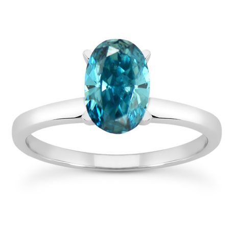 Genuine Oval Cut Diamond Solitaire Ring Blue Treated 14K White Gold VS2 1 Carat