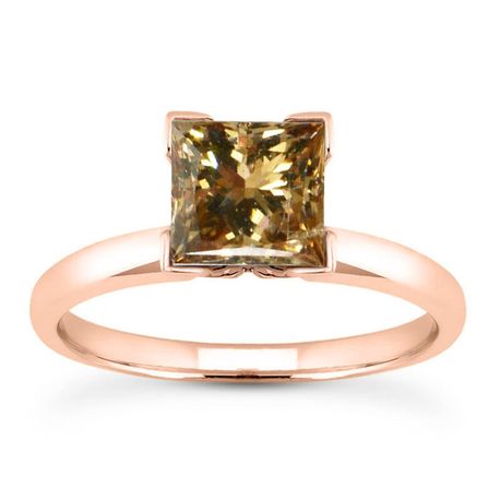 1 Carat Princess Diamond Solitaire Ring Fancy Brown Treated 14K Rose Gold SI1