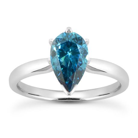 Blue Diamond Solitaire Ring Pear Shape Treated 14K White Gold VS2 1.02 Carat