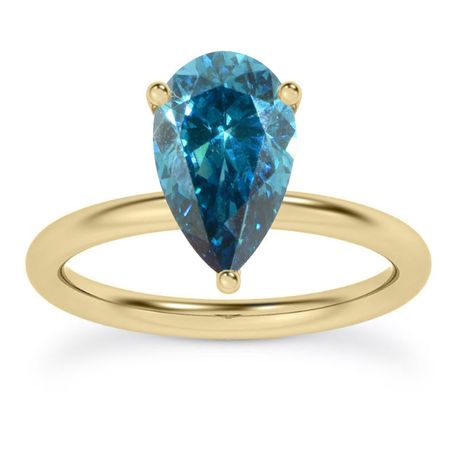 Diamond Solitaire Ladies Ring Pear Shape Blue Treated 14K Yellow Gold VS2 1 Carat