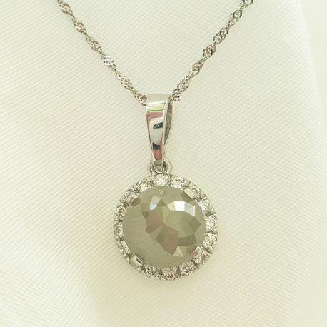 Rose Cut Diamond Halo Pendant Fancy Gray Round 14K White Gold 2.05 TCW