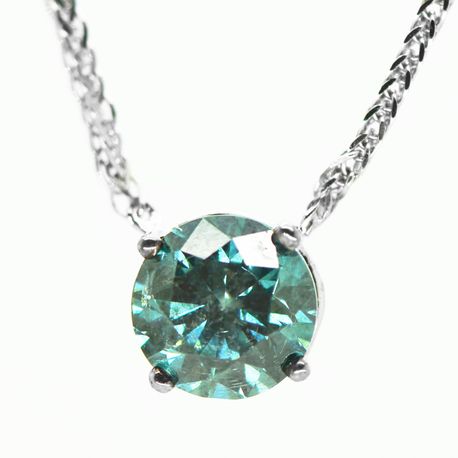 Solitaire Diamond Pendant Necklace 0.91 Carat Fancy Green Round VS2 14K White Gold