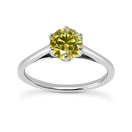 Round Yellow Diamond Solitaire Ring 6 Prong 14K White Gold VS2 1.02 Carat