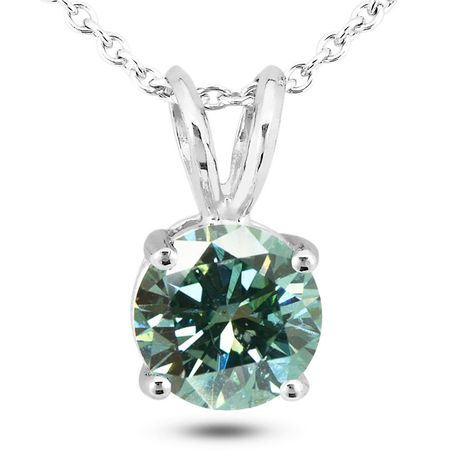 Diamond Solitaire Pendant Round Blue Color 14K White Gold VS2 1.14 Carat