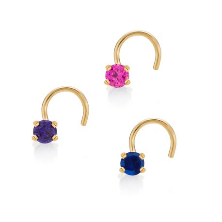 Women's Curved Screw Nose Ring Set, 14K Yellow Gold, 2 MM Blue Pink Purple Cubic Zirconia, 22 Gauge | Lavari Jewelers