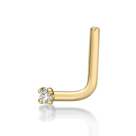 14K Yellow Gold L-Shaped White Diamond Nose Ring, 0.01 Carat, 18 Gauge