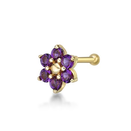 14K Yellow Gold Straight Bone 3.5 MM Amethyst Swarovski Flower Nose Ring, 20 Gauge