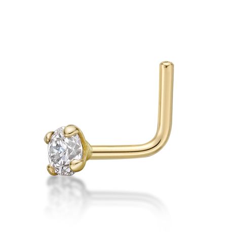 14K Yellow Gold L-Shaped Diamond Nose Ring, 0.07 Carat, 22 Gauge