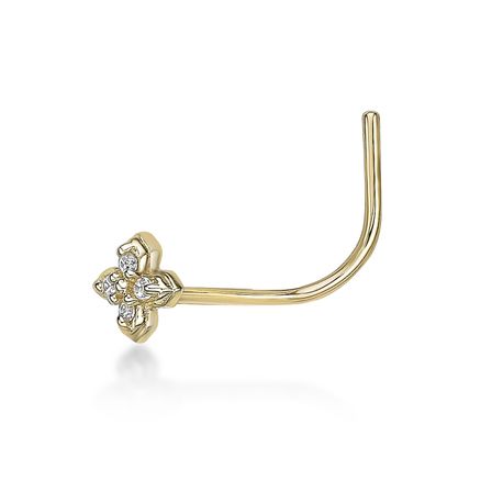 14K Yellow Gold Cubic Zirconia Flower Curved Stud Nose Ring, 20 Gauge
