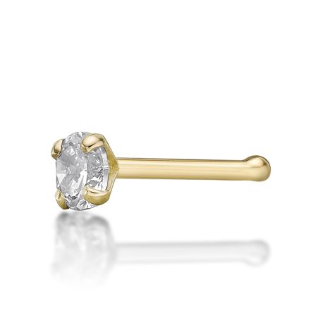 14K Yellow Gold Straight Bone 3MM Cubic Zirconia Nose Ring, 22 Gauge