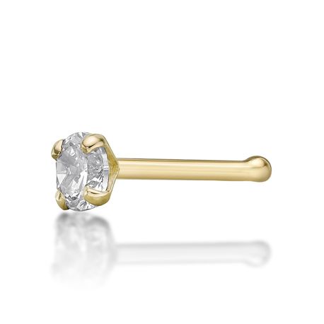 14K Yellow Gold Straight Bone 3 MM Cubic Zirconia Nose Ring Stud, 20 Gauge