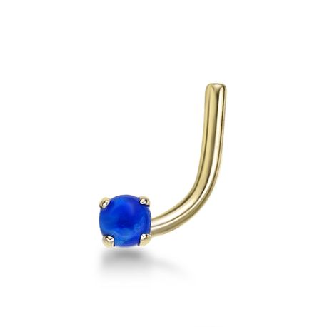 14K Yellow Gold 2 MM Created Blue Opal Curve Stud Nose Ring, 20 Gauge