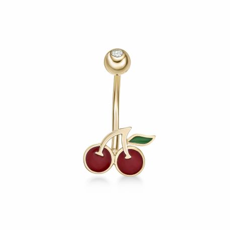 10K Yellow Gold Red and Green Enamel Cherry Cubic Zirconia Belly Ring