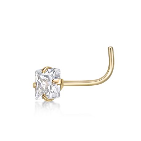 14K Yellow Gold Curve Stud 3 MM Cubic Zirconia Nose Ring, 20 Gauge