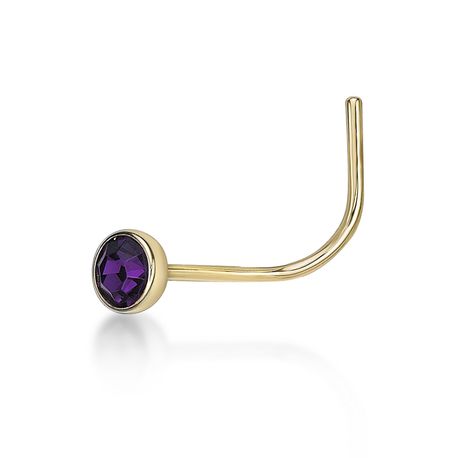 14K Yellow Gold 3 MM Purple Swarovski Curve Stud Nose Ring, 20 Gauge