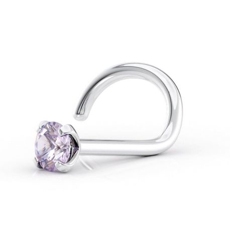 14K White Gold Curved Prong Violet Swarovski Nose Ring, 20 Gauge