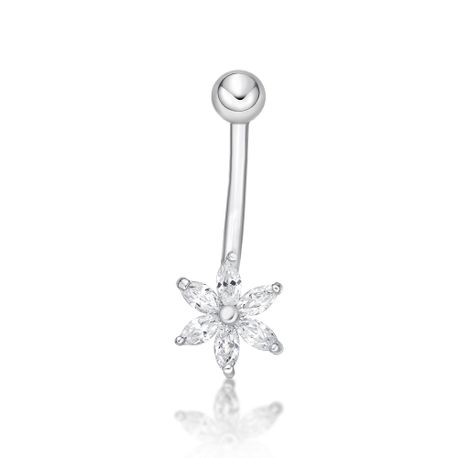 10K White Gold 8 MM Cubic Zirconia Flower Belly Ring