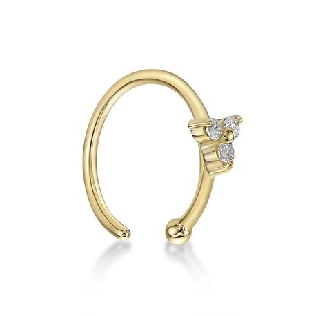14K Yellow Gold 10 MM 3 Stone Hoop Nose Ring with Cubic Zirconia, 20 Gauge