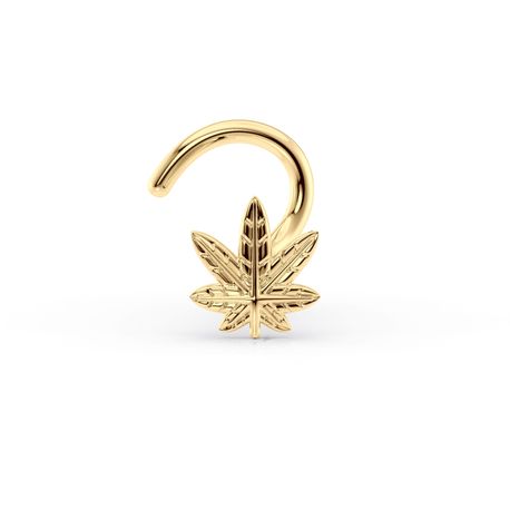 14K Yellow Gold Leaf Curved Nose Stud, 20 Gauge