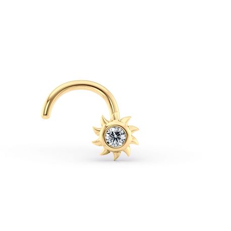 14K Yellow Gold Curved Cubic Zirconia Sun Nose Ring, 20 Gauge