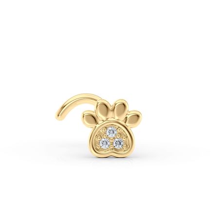 14K Yellow Gold Paw Curved Cubic Zirconia Nose Stud, 20 Gauge