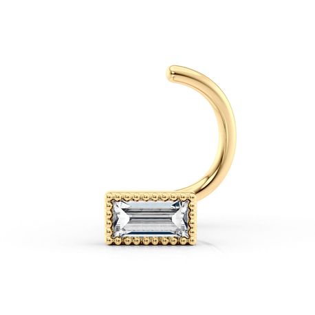 14K Yellow Gold Curved Baguette Cubic Zirconia Nose Ring, 20 Gauge