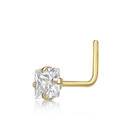 14K Yellow Gold L-Shape 3 MM Cubic Zirconia Stud Nose Ring, 20 Gauge